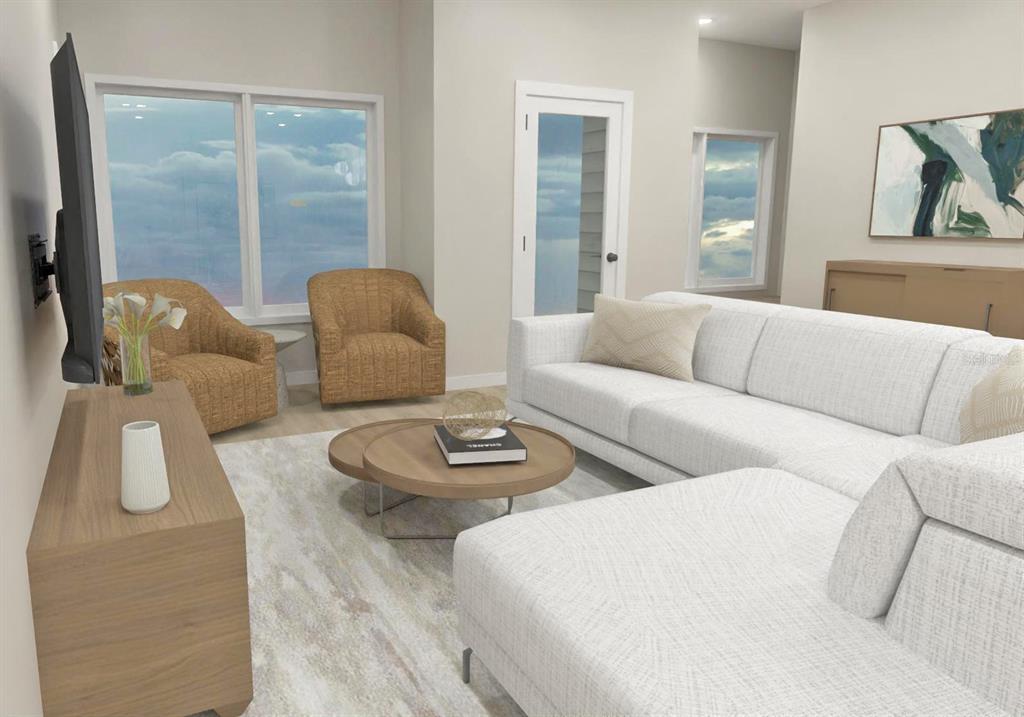 This is a digital rendering of a modern living room featuring a white sectional sofa — 421 E JESSUP AVENUE, LONGWOOD, FL