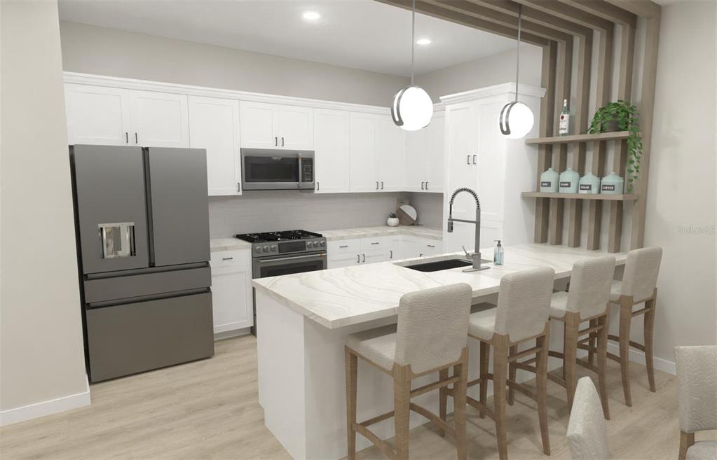This is a rendering of a modern kitchen featuring white cabinetry, a marble-topped island, and stools — 421 E JESSUP AVENUE, LONGWOOD, FL