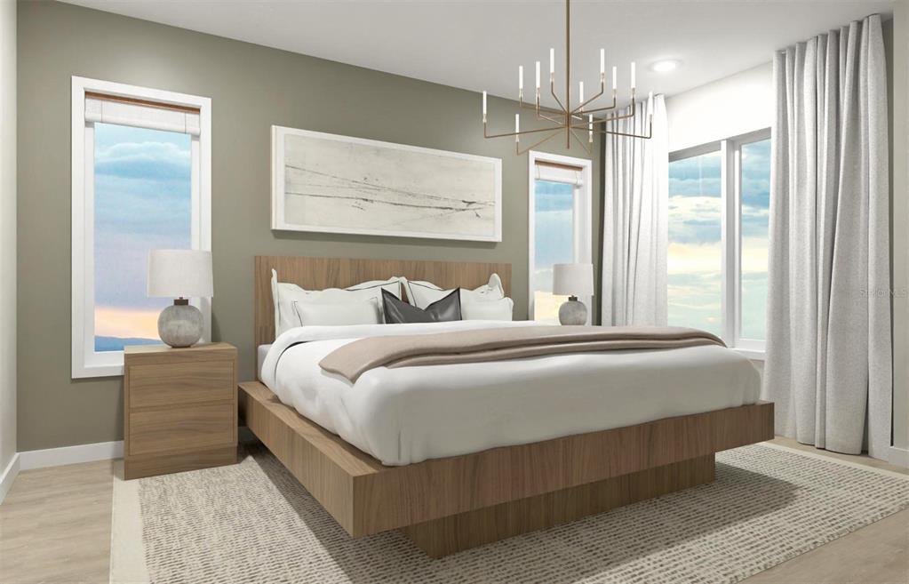 This is a rendering of a modern bedroom featuring a floating wood bed frame — 421 E JESSUP AVENUE, LONGWOOD, FL
