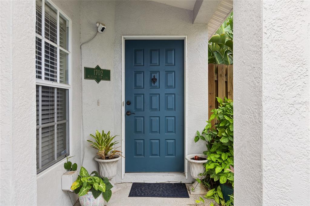 A blue front door with a knocker is flanked by potted plants and a window — 1702 MEADOW OAK LANE, TARPON SPRINGS, FL