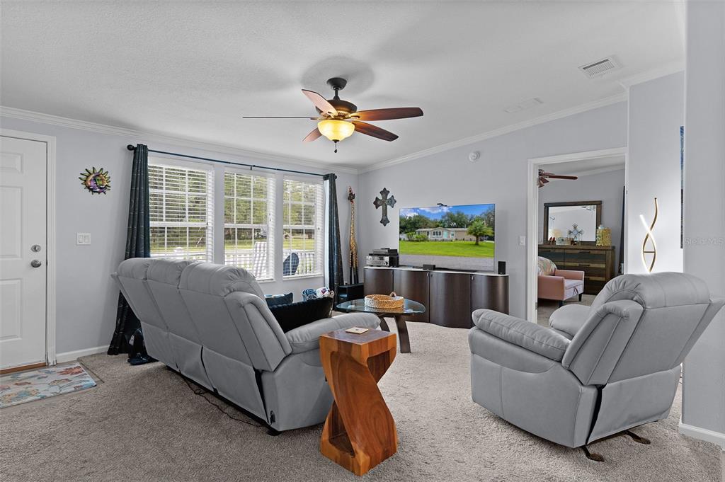 A living room features gray walls, carpeted flooring, a ceiling fan, and two gray recliners — 40316 GRAYS AIRPORT ROAD, LADY LAKE, FL