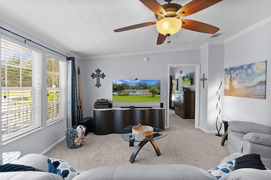 A living room features a ceiling fan, a television on a console, and gray carpet — 40316 GRAYS AIRPORT ROAD, LADY LAKE, FL