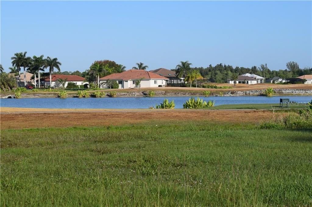 A grassy field overlooks a pond with several houses in the background under a clear sky — 18001 BLUEWATER DRIVE, NAPLES, FL