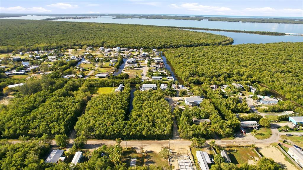 An aerial view shows a residential area surrounded by dense mangroves and coastal waterways — 53 BEAVER LANE, OCHOPEE, FL