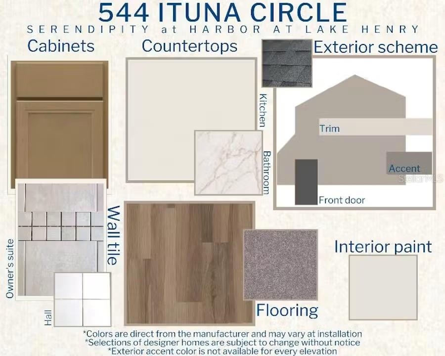 This design board displays material and color samples for home cabinetry, countertops, flooring, and exterior finishes — 544 ITUNA CIRCLE, WINTER HAVEN, FL
