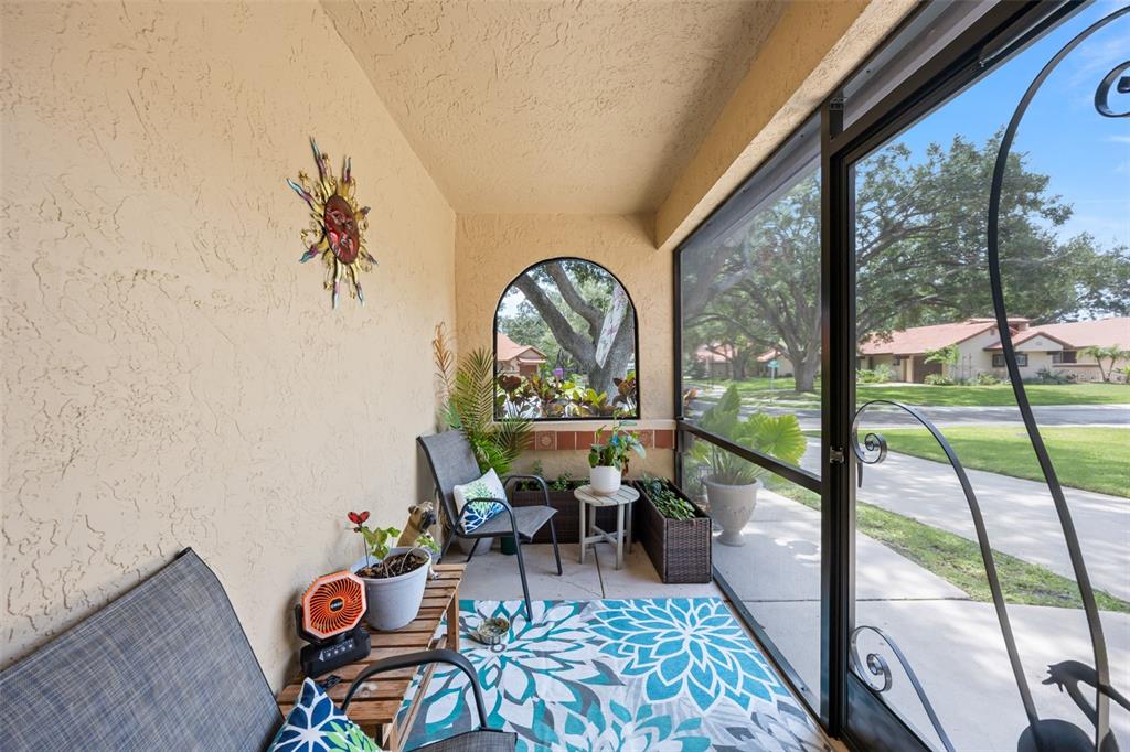 A screened-in porch features a patterned rug, patio furniture, potted plants, and a sun wall decoration — 898 BROW COURT NE, PALM BAY, FL