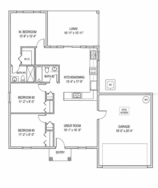 This is a floor plan for a three-bedroom house with a garage and a lanai — 7358 CENTERWOOD AVENUE, SPRING HILL, FL
