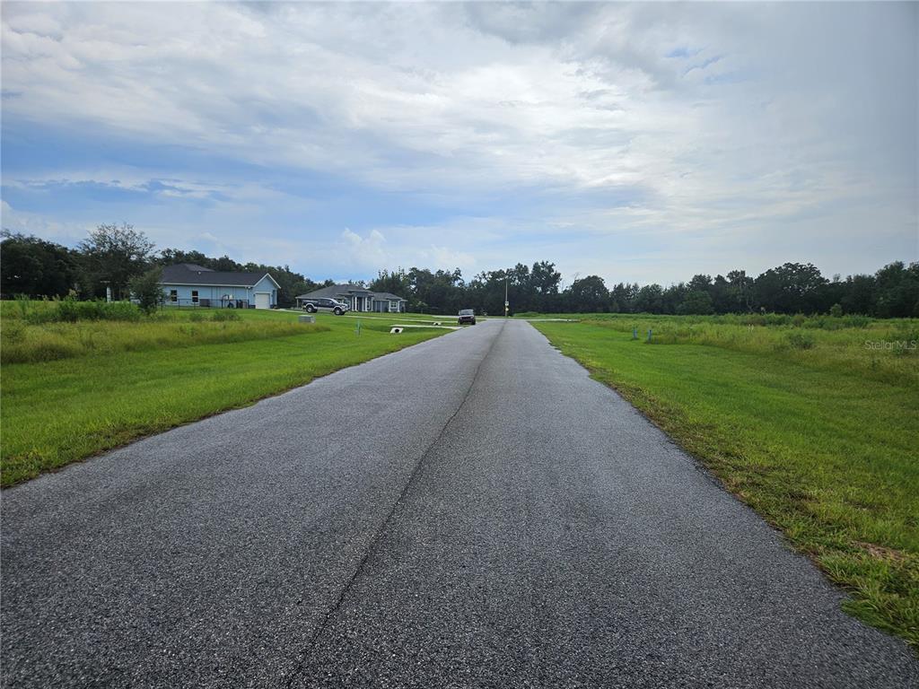 A paved road stretches through a grassy residential area with houses in the distance — 8881 VALERIE COURT, ZEPHYRHILLS, FL