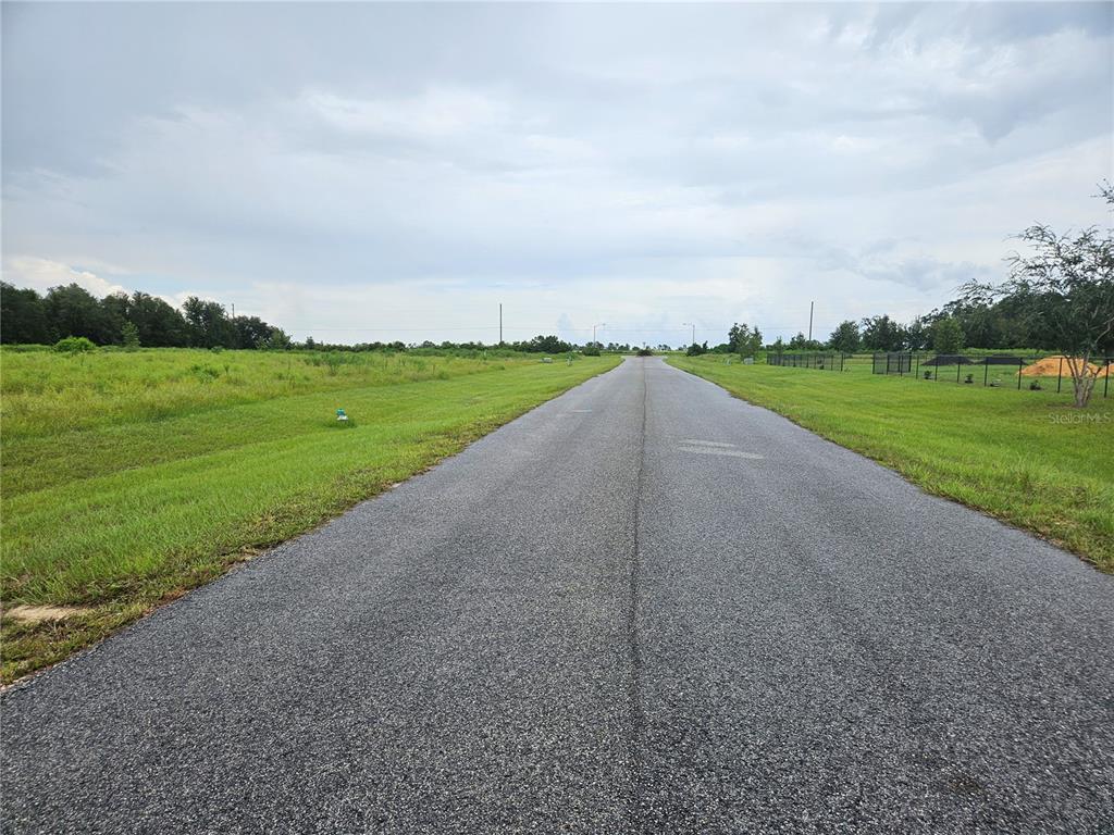 A paved road stretches through a grassy, undeveloped lot under a cloudy sky — 8881 VALERIE COURT, ZEPHYRHILLS, FL