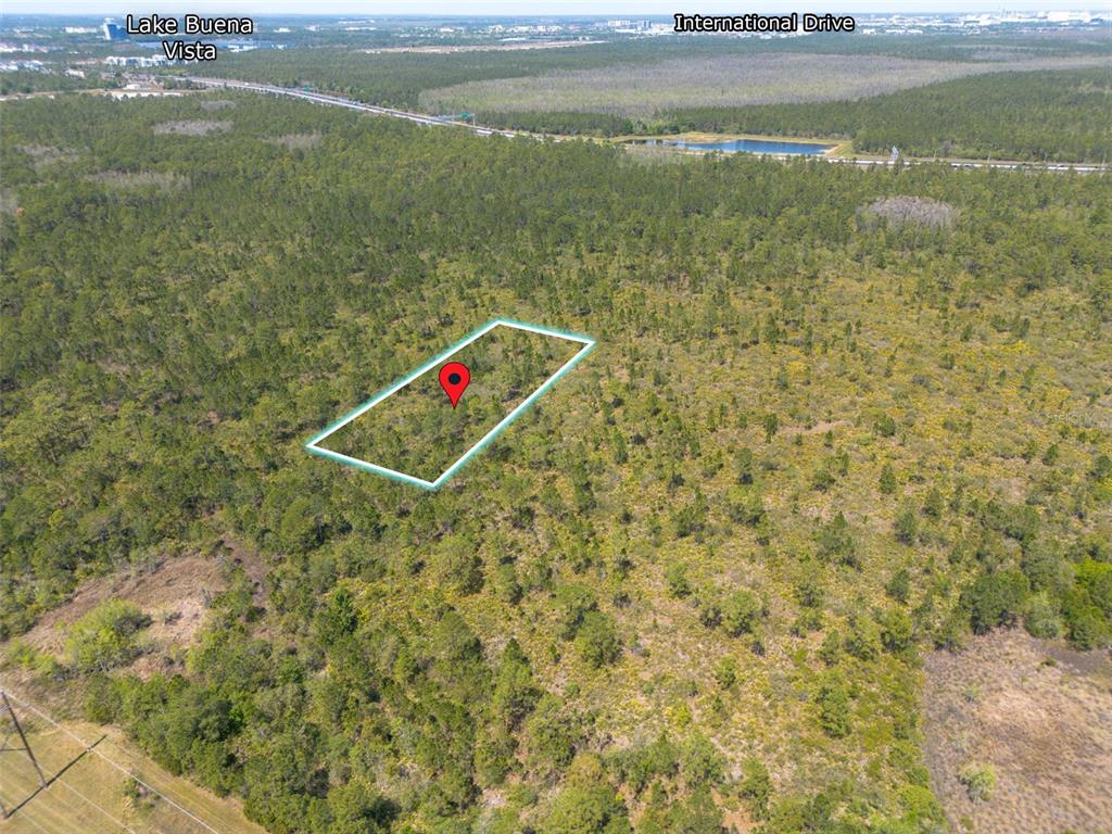 An aerial view shows a rectangular plot of land outlined in blue amidst wooded terrain — SR-535, ORLANDO, FL