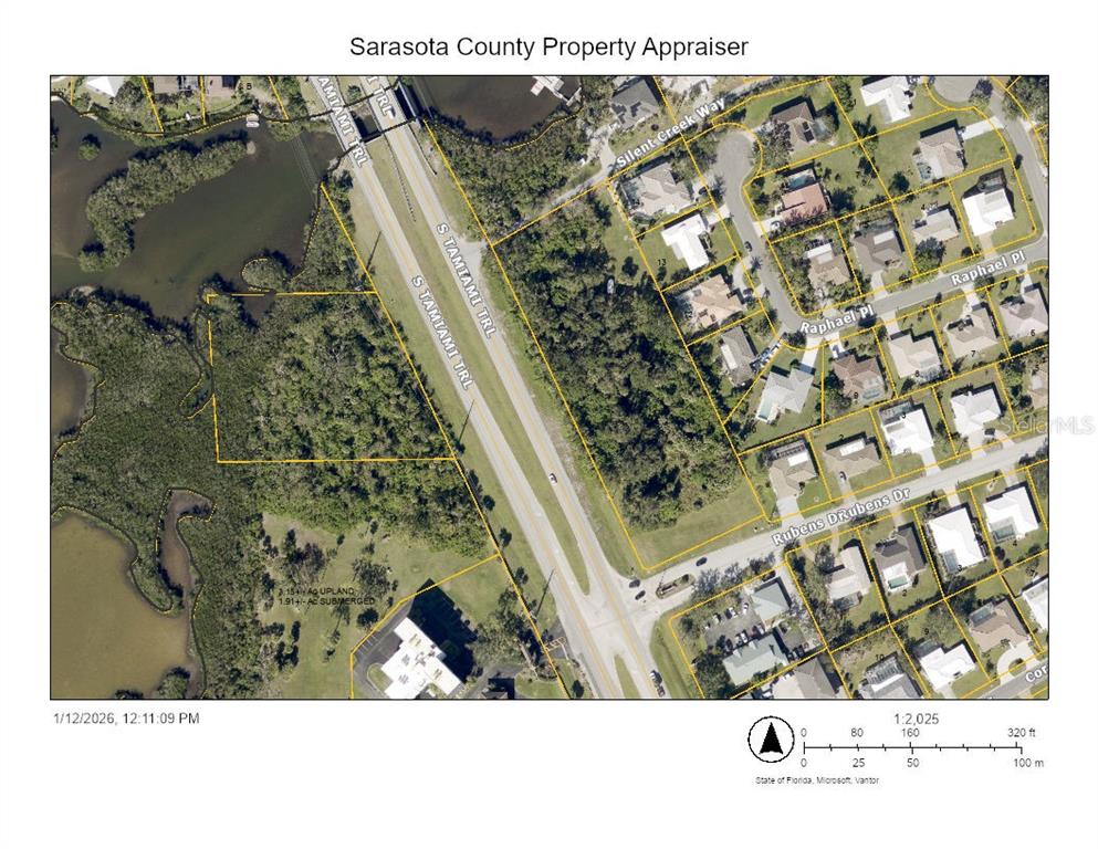 This is a property appraiser map showing a parcel of land along a highway — 2099 S TAMIAMI TRAIL, OSPREY, FL