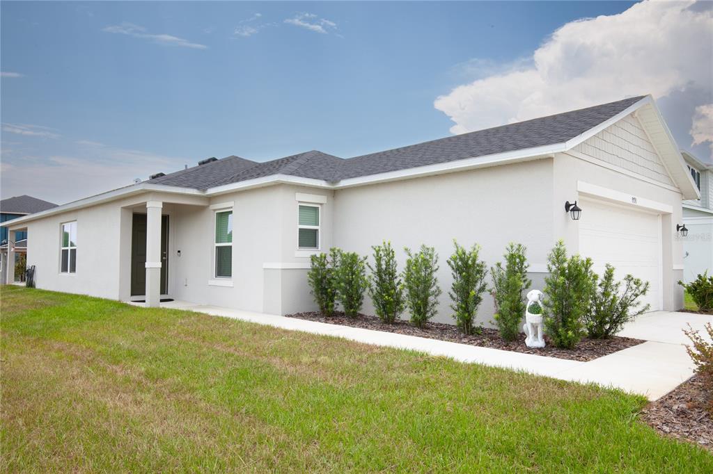 A single-story house with a white stucco exterior, a two-car garage, and a landscaped yard — 9791 CARSON WAY, LEESBURG, FL