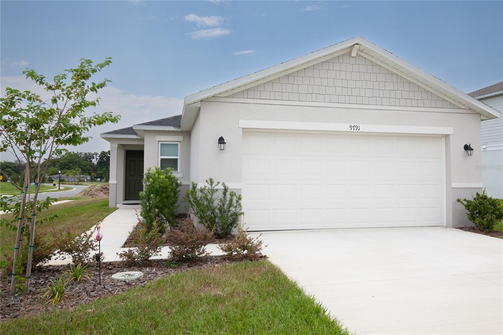 A single-story house with a white stucco exterior, a two-car garage, and a front walkway — 9791 CARSON WAY, LEESBURG, FL