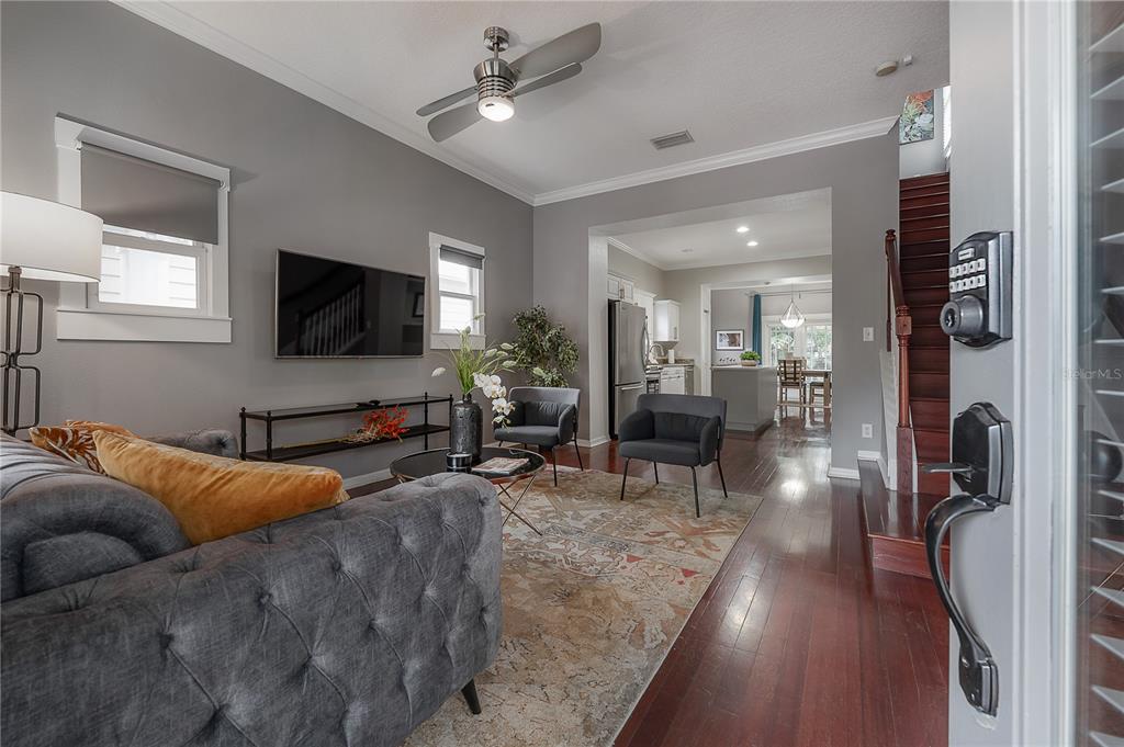 A living room with gray walls, hardwood floors, a tufted sofa, and an open kitchen — 412 E AMELIA AVENUE, TAMPA, FL