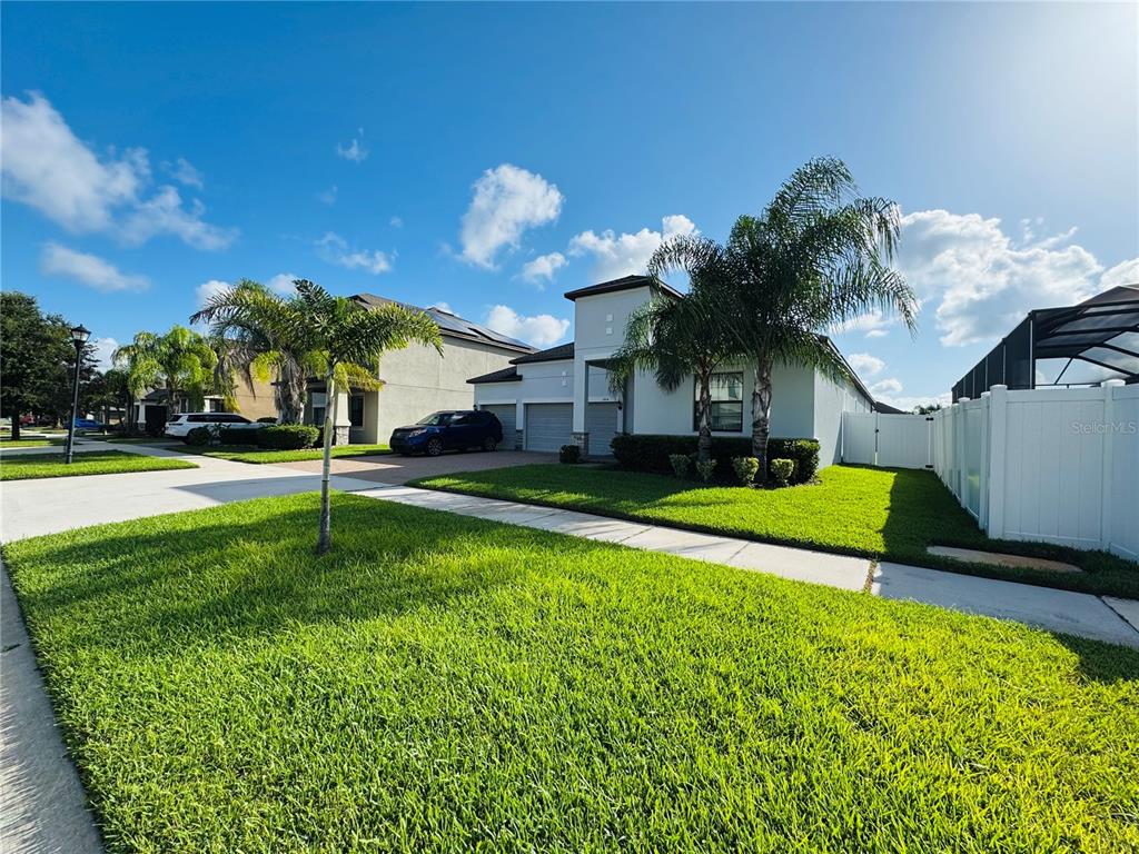 A single-story house with a two-car garage, palm trees, and a white vinyl privacy fence — 11614 SUNBURST MARBLE ROAD, RIVERVIEW, FL