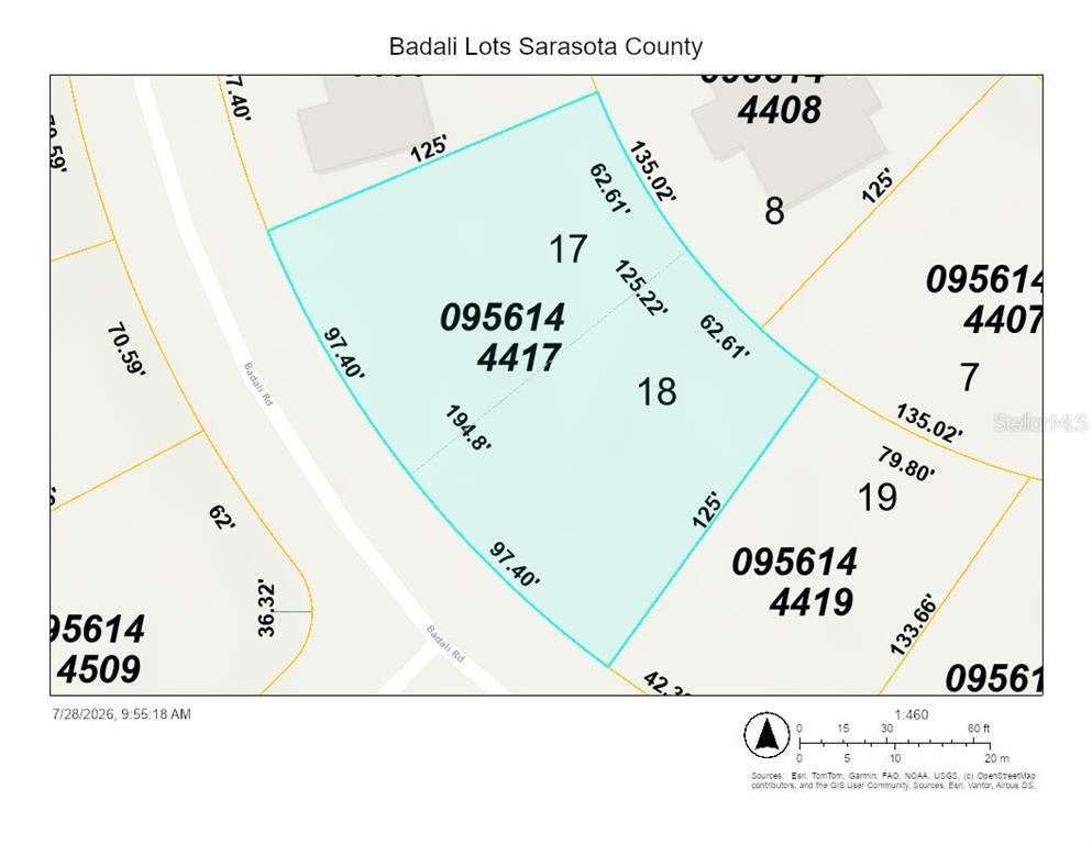 This is a property map showing the boundaries and dimensions of several adjacent land lots — BADALI ROAD, NORTH PORT, FL