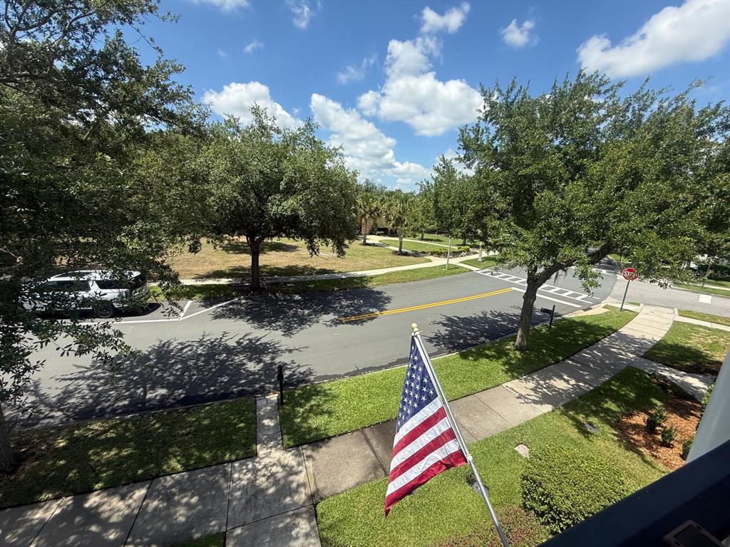 An elevated view of a residential street with a large American flag in the foreground — 813 OAK SHADOWS ROAD, CELEBRATION, FL