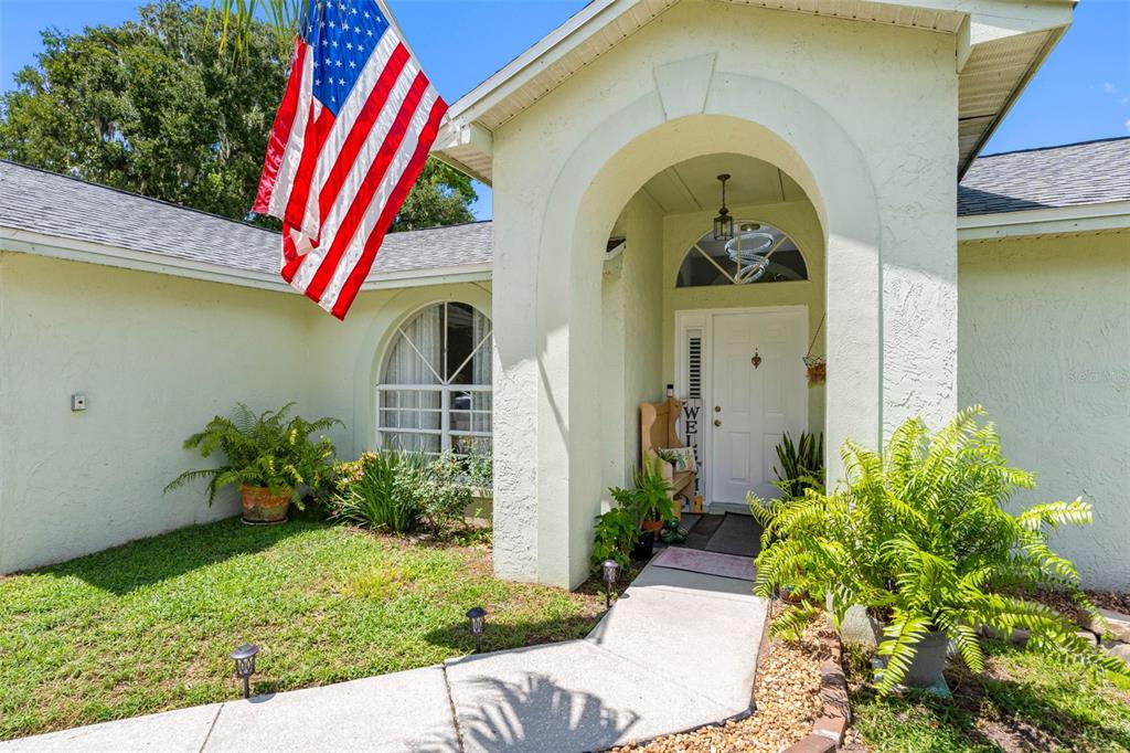 A front entryway features a white door, an arched window, and an American flag — 1742 STAYSAIL DRIVE, VALRICO, FL