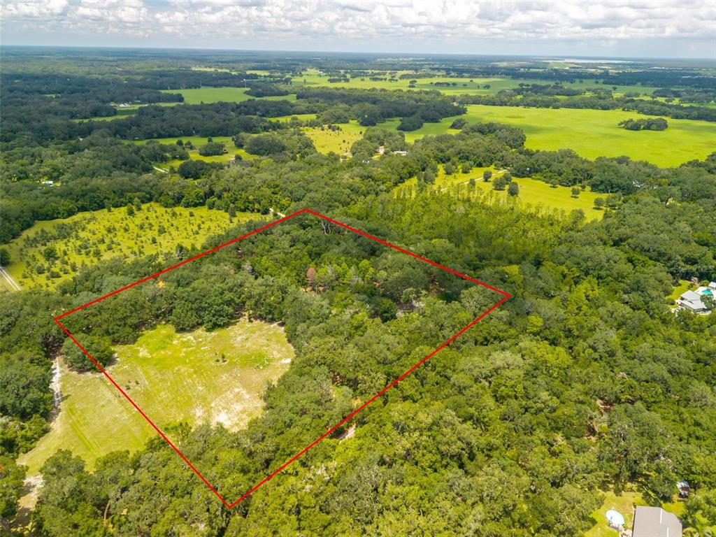 An aerial view shows a large, rectangular plot of land outlined in red amidst trees — SE 14TH TERRACE, BUSHNELL, FL