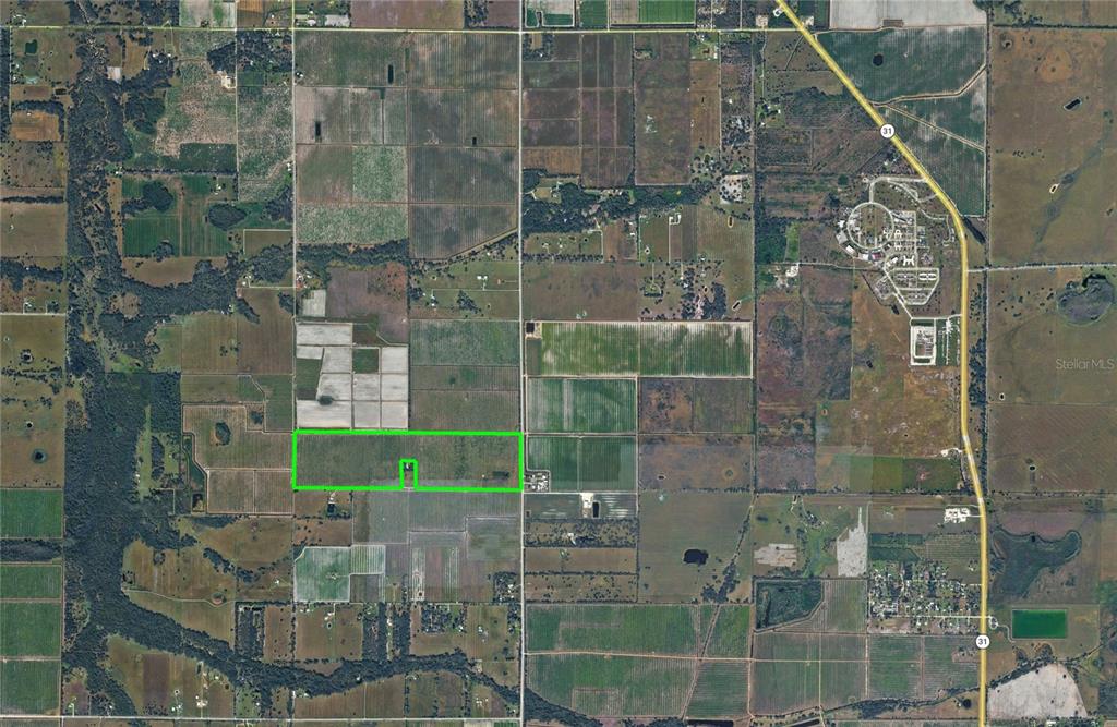 This is an aerial map showing a rectangular property parcel outlined in green — SE C & H DRIVE UNIT 154, ARCADIA, FL