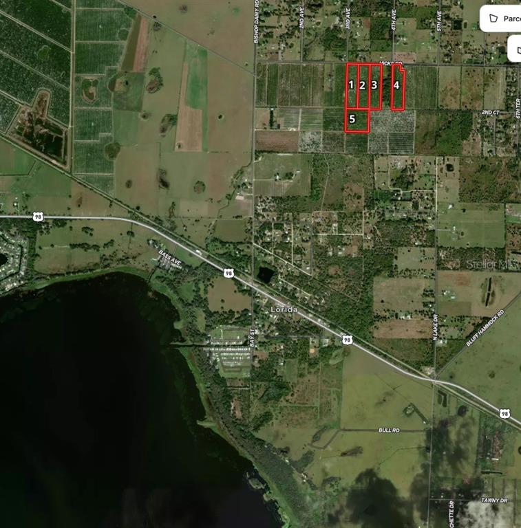 An aerial map shows five highlighted rectangular land parcels located near a highway and lake — 2121 HICKS ROAD, LORIDA, FL