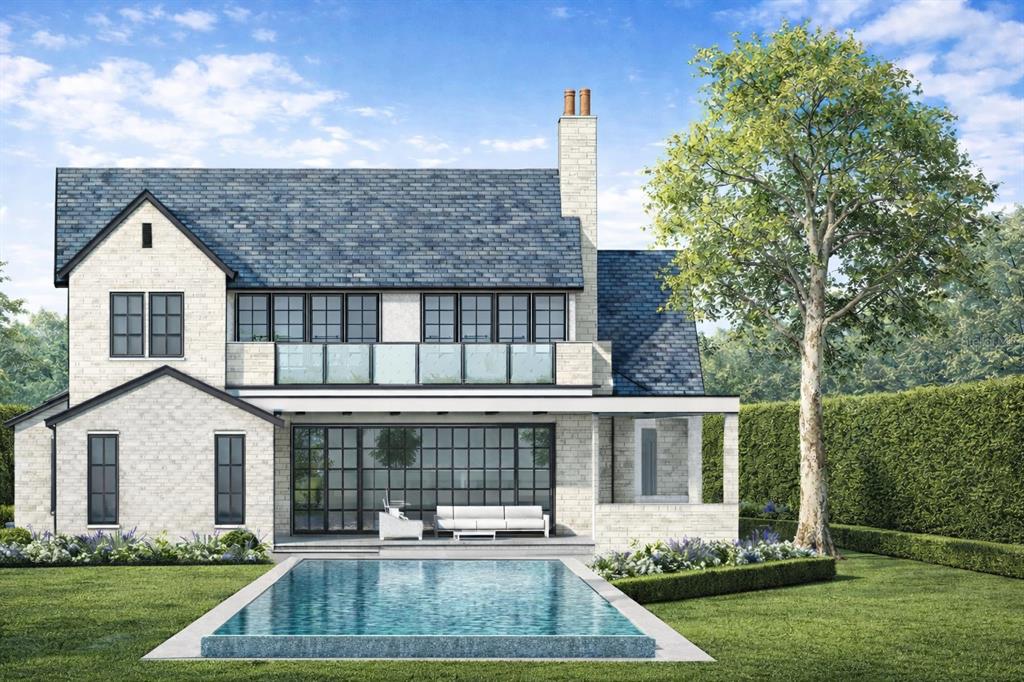 This architectural rendering shows the rear exterior of a two-story brick house with a pool — 313 SYLVAN DRIVE, WINTER PARK, FL