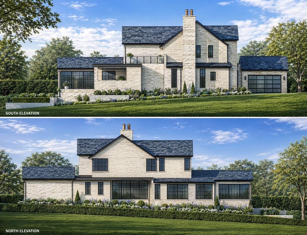 A rendering showing the north and south exterior elevations of a modern stone house — 313 SYLVAN DRIVE, WINTER PARK, FL