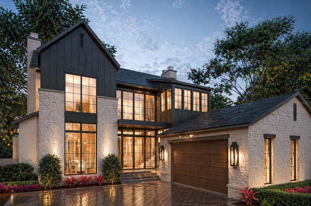 This is a rendering of a two-story modern farmhouse with stone siding and dark trim — 313 SYLVAN DRIVE, WINTER PARK, FL