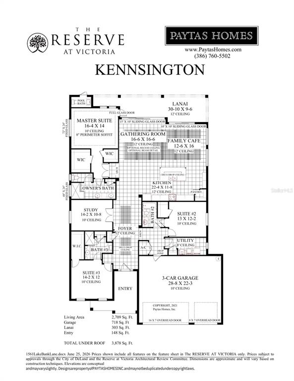 This is a floor plan for a single-story house featuring three bedrooms, a three-car garage, and a lanai — 1561 LAKE BANK LANE, DELAND, FL