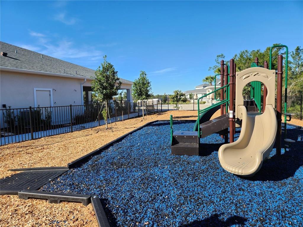 A playground with a slide and blue rubber surfacing sits next to a house exterior — 1561 LAKE BANK LANE, DELAND, FL