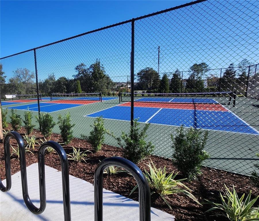 Outdoor pickleball courts are enclosed by a chain-link fence next to a bike rack — 1561 LAKE BANK LANE, DELAND, FL