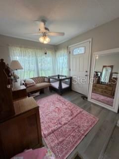 A room with a ceiling fan, a pink rug, a small sofa, and a floor mirror — 1003 NE 2ND STREET, MULBERRY, FL