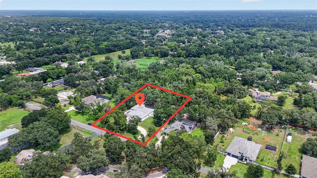 An aerial view shows a house with a red outline on a wooded residential lot — 2304 CLEMENT ROAD, LUTZ, FL