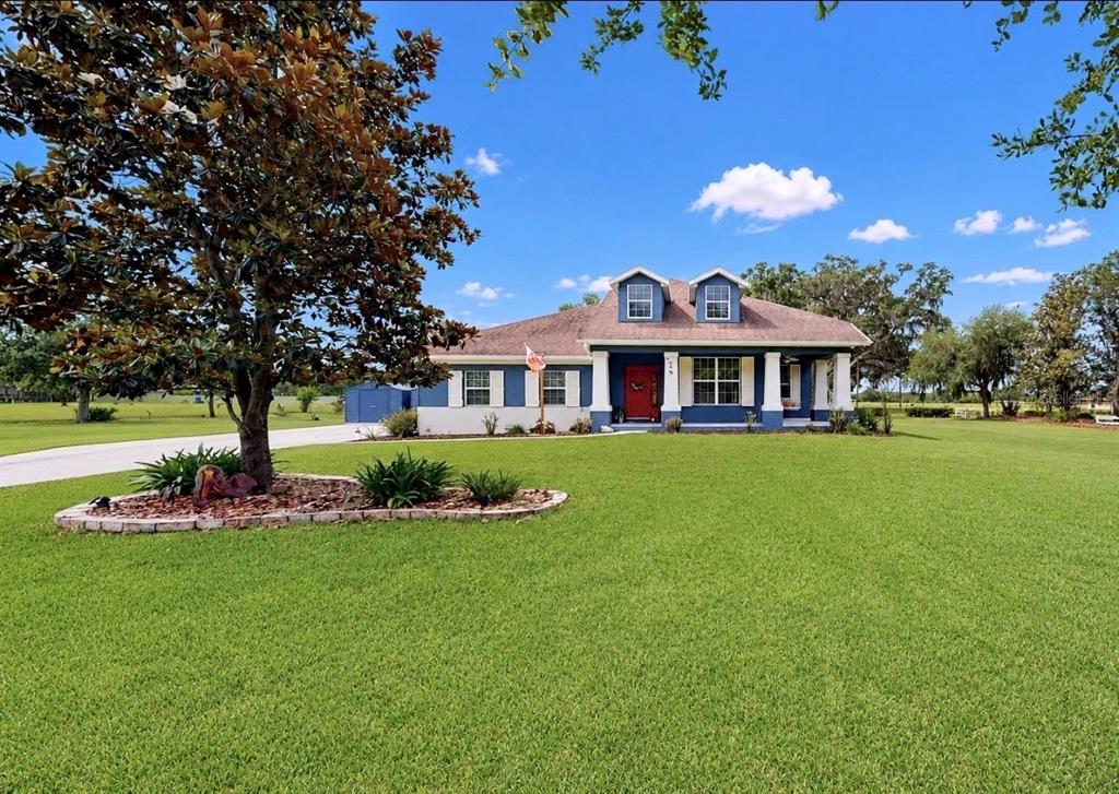 A blue house with a red front door and two dormers sits on a lawn — 13101 DONE GROVEN DRIVE, DOVER, FL