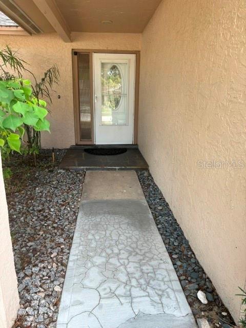 A concrete walkway leads to a white front door with an oval glass insert — 2230 BIRCHBARK TRAIL, CLEARWATER, FL
