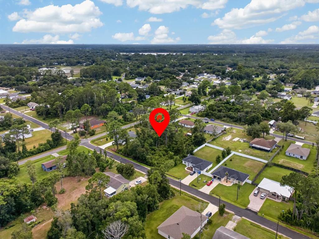 An aerial view shows a red location pin over a wooded residential lot — 6TH AVENUE, DELAND, FL