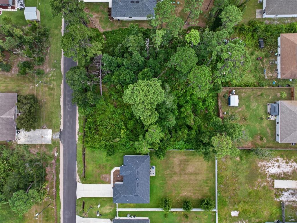 An aerial view shows a wooded residential lot situated between two houses and a road — 6TH AVENUE, DELAND, FL