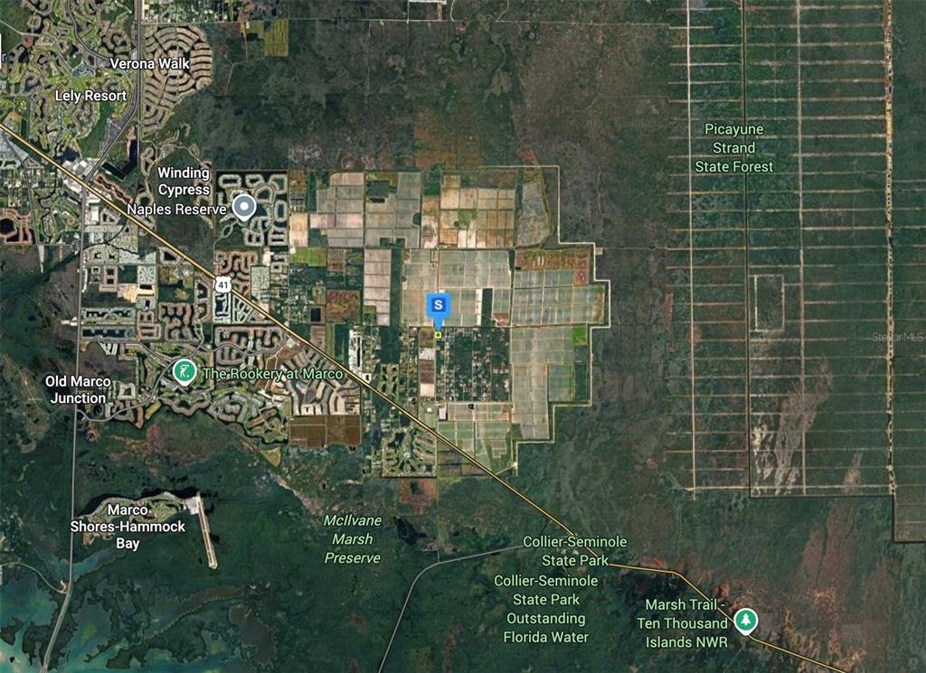 This is a satellite map showing residential developments and natural preserves in Collier County, Florida — 11072 SIX LS FARM ROAD, NAPLES, FL