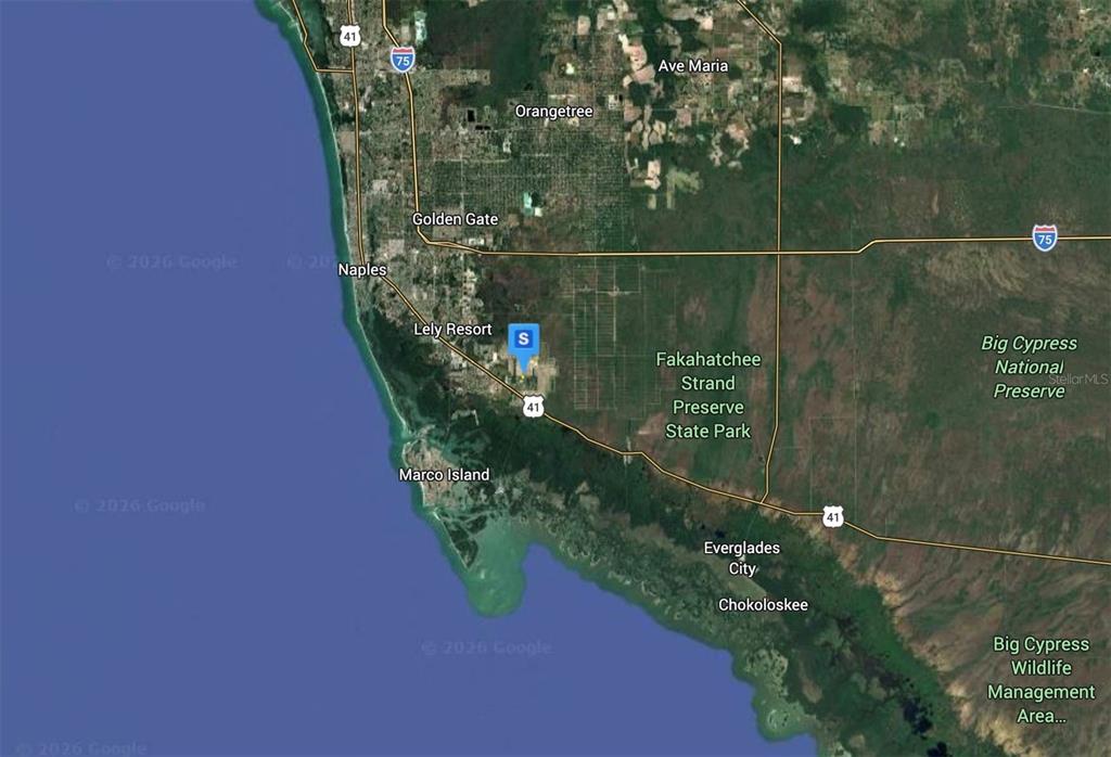 This is a satellite map showing the coastal region of Naples and the Florida Everglades — 11072 SIX LS FARM ROAD, NAPLES, FL