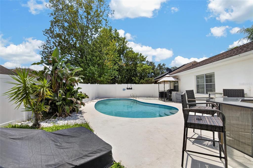 A backyard features a kidney-shaped swimming pool, a patio with outdoor furniture, and a white fence — 9063 DIXIANA VILLA CIRCLE, TAMPA, FL