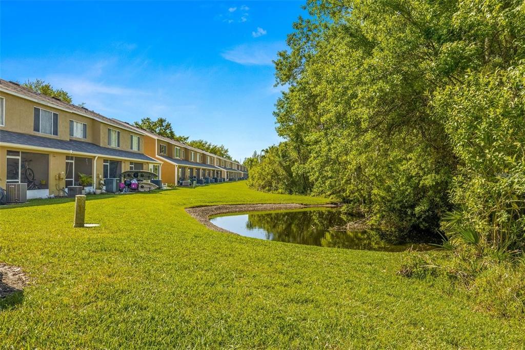 A row of townhouses overlooks a small pond and a grassy lawn with trees — 1237 KENNEWICK COURT, WESLEY CHAPEL, FL