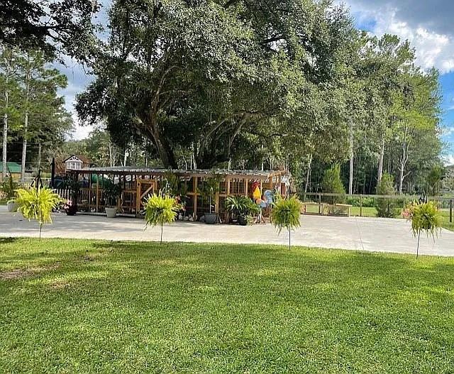 A large wooden outdoor structure sits on a concrete patio beneath a sprawling oak tree — 9068 131ST LOOP, LIVE OAK, FL