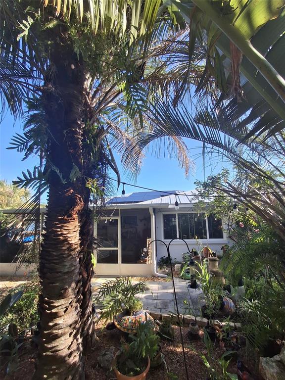 A palm tree stands in the foreground of a backyard patio leading to a house — 135 ENGLEWOOD HEIGHTS ROAD, ENGLEWOOD, FL