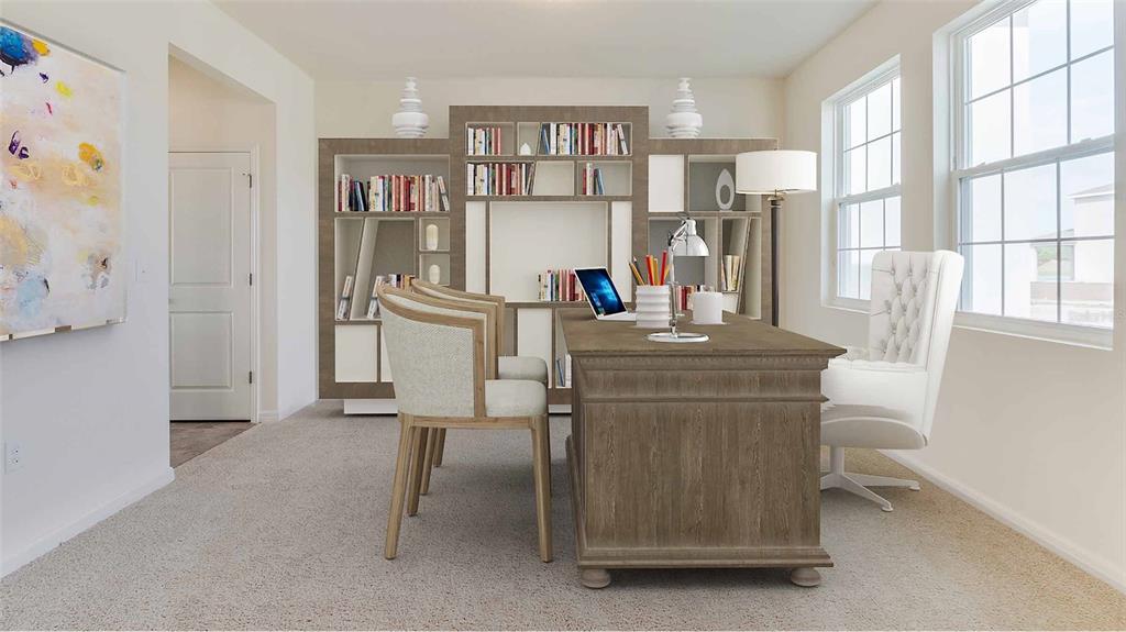 This rendering shows a home office with a wooden desk, bookshelves, and a white chair — 35616 LOWERY TRAIL, ZEPHYRHILLS, FL