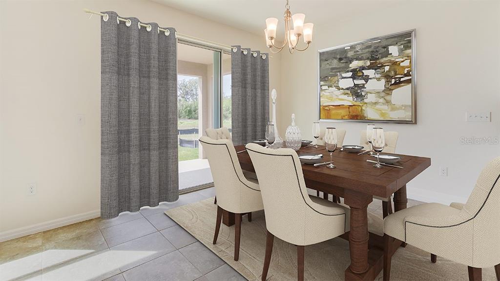 This dining room features a wooden table, upholstered chairs, a chandelier, and sliding glass doors — 35616 LOWERY TRAIL, ZEPHYRHILLS, FL