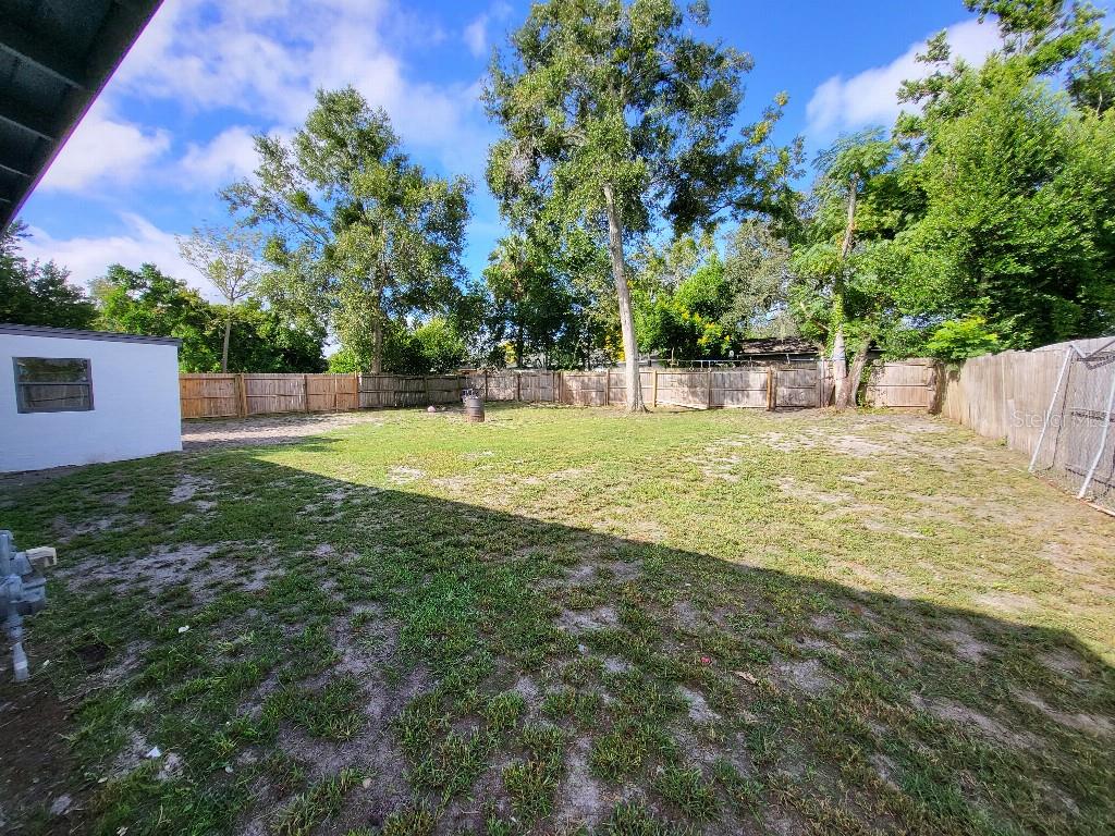 A grassy backyard features a wooden fence, several large trees, and a white building exterior — 995 EMERALD DRIVE, MOUNT DORA, FL