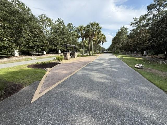 A paved driveway leads toward a gated entrance flanked by palm trees and lush landscaping — TBD NW 148TH LANE, WILLISTON, FL