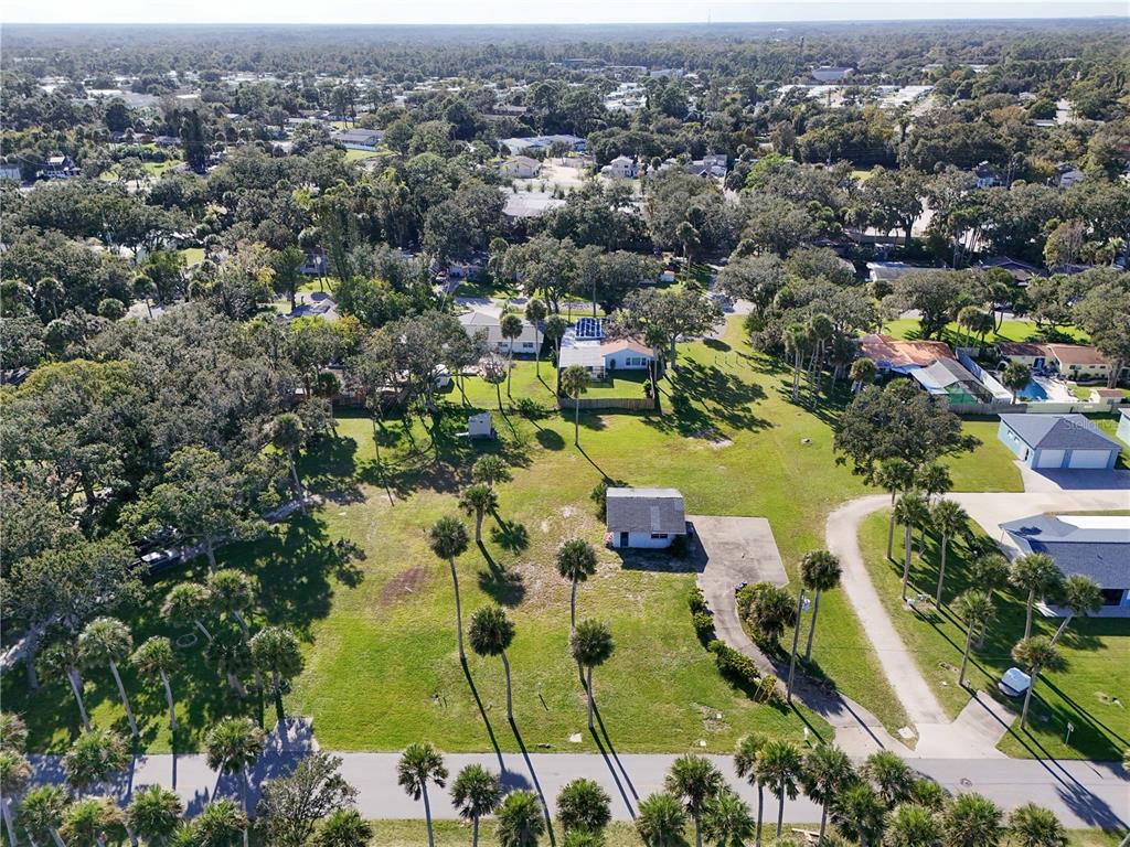 An aerial view shows a small house on a large, grassy lot with many palm trees — 5040 RIVERSIDE DRIVE, PORT ORANGE, FL