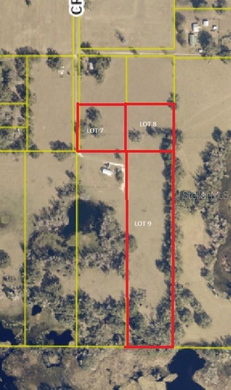 This is an aerial map showing three highlighted land parcels labeled as lots 7, 8, and 9 — CR 772C, WEBSTER, FL