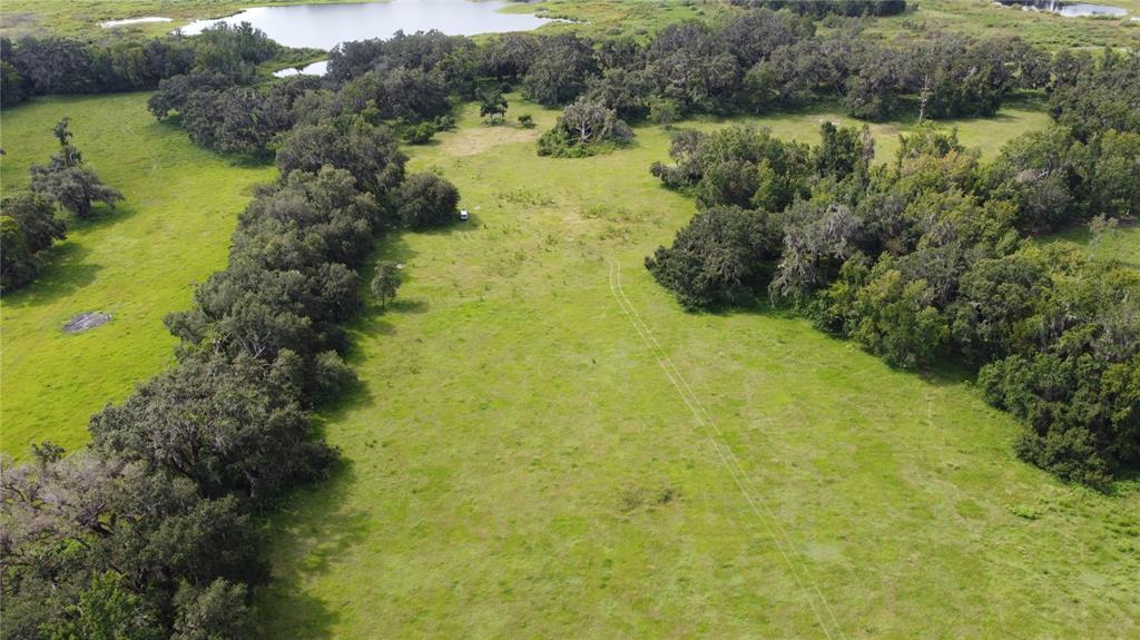 An aerial view shows a grassy field bordered by trees with a pond in the background — CR 772C, WEBSTER, FL